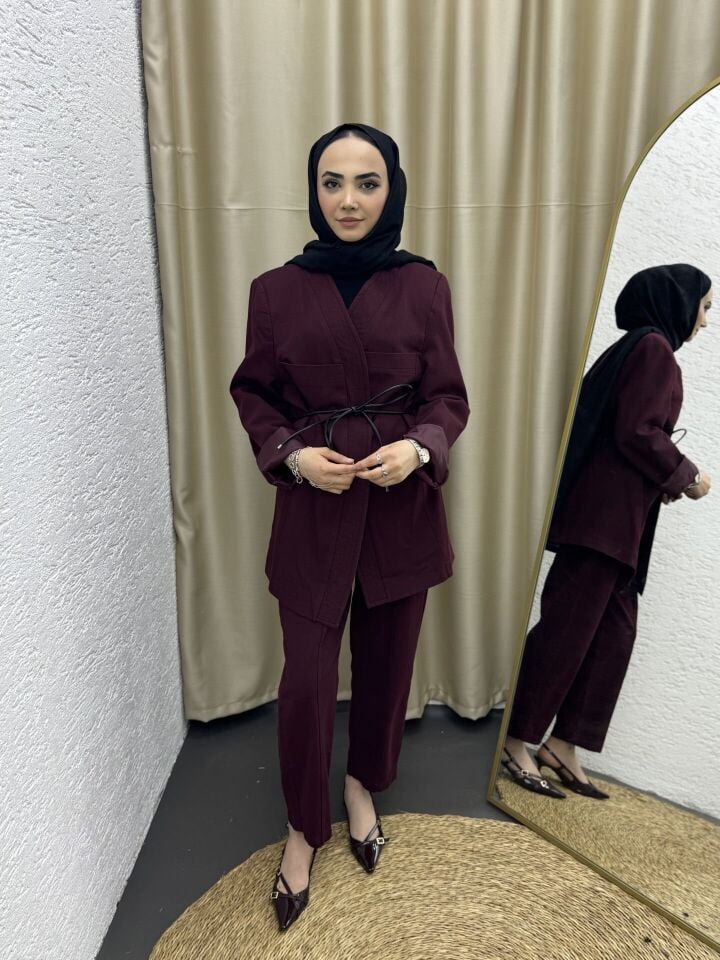 Kemerli V Yaka Keten Ceket (Bordo)